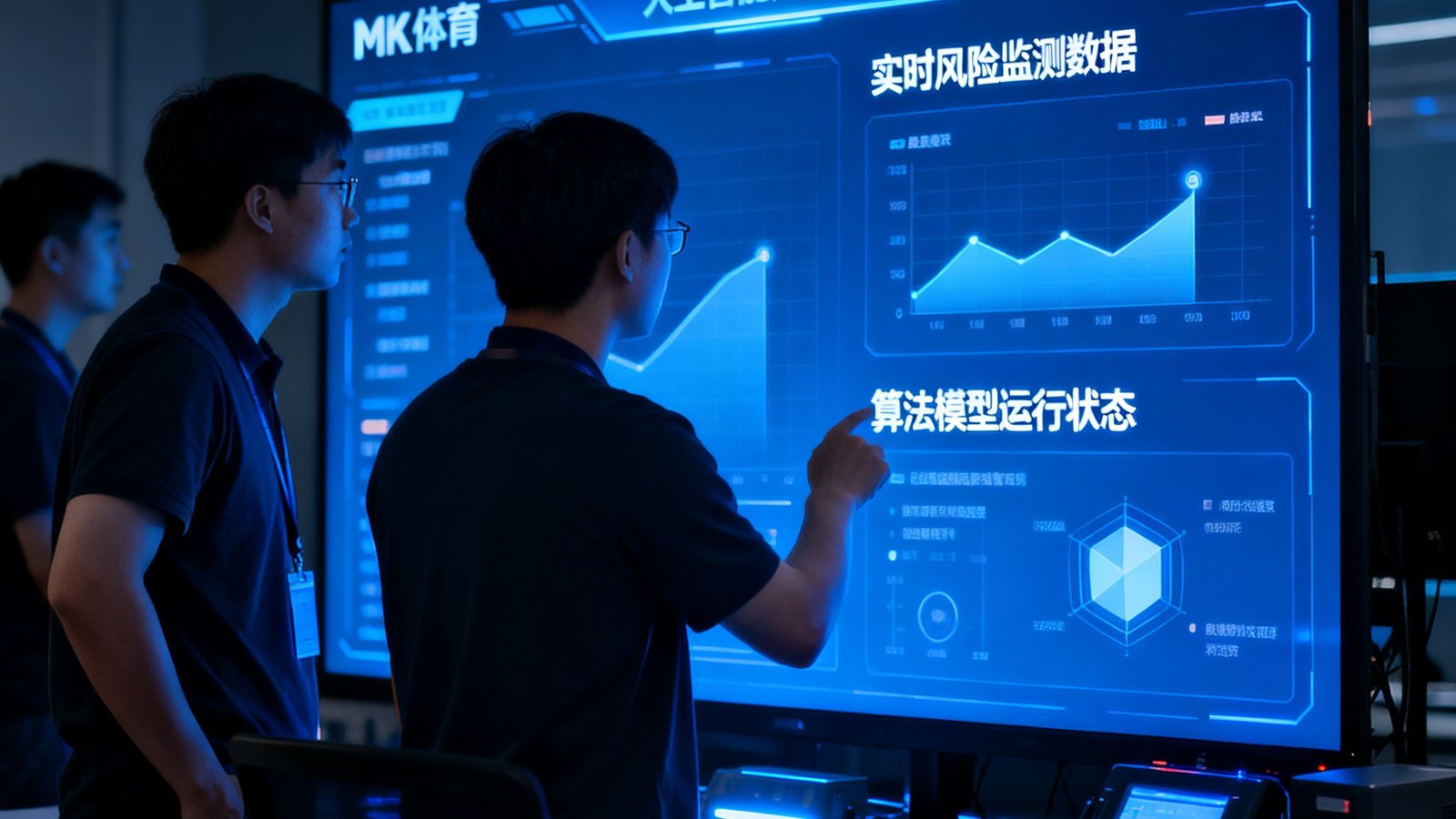 MK体育技术团队正在调试人工智能风控系统大屏，屏幕上显示实时风险监测数据与算法模型运行状态